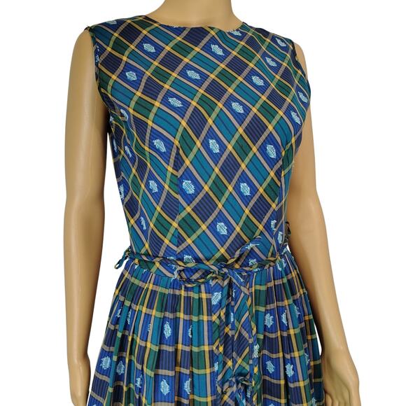 Belted Blue Green Plaid Vintage Hand Made Pleated Ribbon Tie Midi Dress Size S - Picture 4 of 8